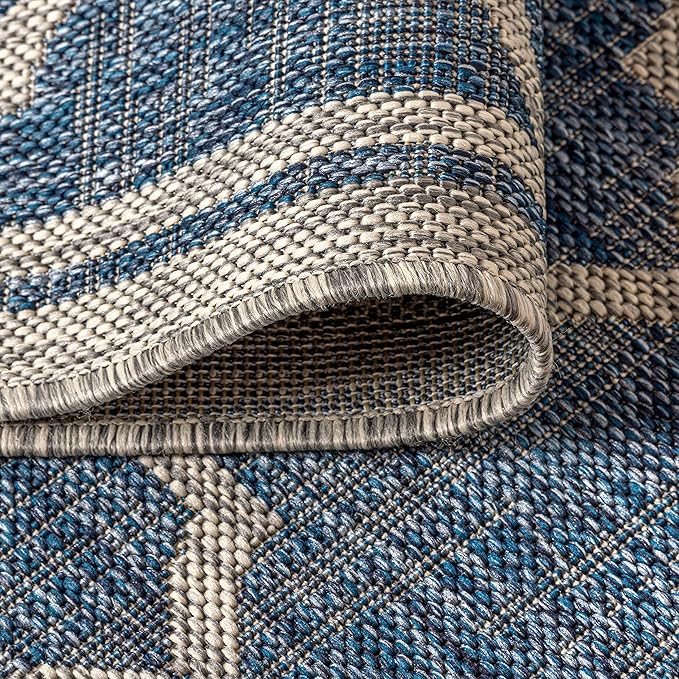 Eyely BMS109D-5SQ Santa Monica Trebol Moroccan Trellis Textured Weave Indoor/Outdoor Area Rug Coastal;Bohemian, Bedroom, Backyard, Patio, Easy-Cleaning, Non-Shedding, 5' Square, Navy/Gray