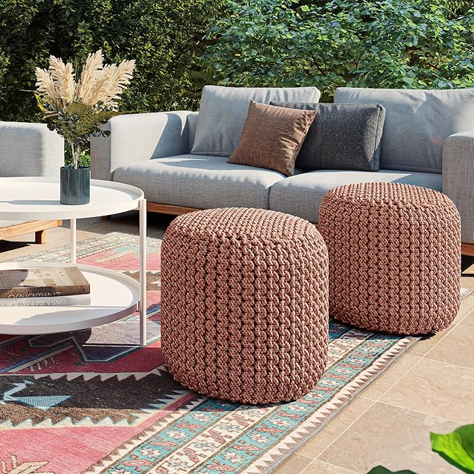 SIMPLIHOME Wynne Round Knitted Pouf - 18 inch Wide Upholstered PET Polyester Ottoman in Orange, Indoor/Outdoor Boho Footstool or Extra Seating for Living Room with Polystyrene Bead Filling, Assembled