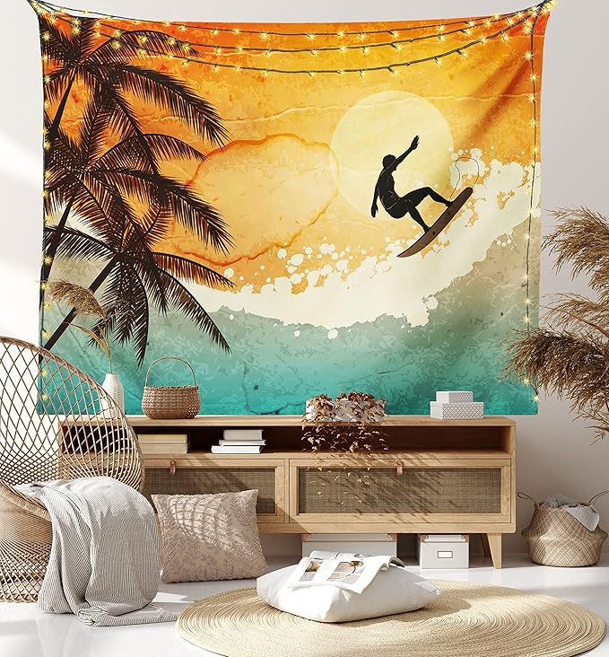 Ambesonne Grunge Tapestry, Illustration of Tropical Island Surfer on Sea Waves and Palms at Sunset, Wide Wall Hanging for Bedroom Living Room Dorm, 60" X 40", Orange Turquoise Black