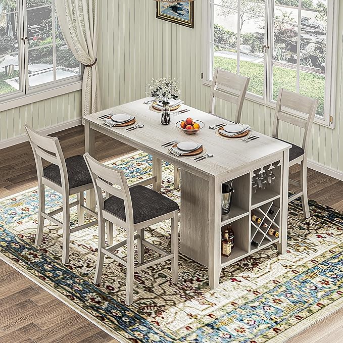 5-Piece Solid Wood Dining Table Set for 4 with Storage Shelves/Wine Rack/Glass Holder, Modern Breakfast Dinette Kitchen Table with Chairs for Dining Room, Kitchen, Grey