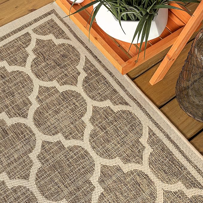 Eyely BMS109A-210 Santa Monica Trebol Moroccan Trellis Textured Weave Indoor/Outdoor Runner Rug Coastal;Bohemian, Bedroom, Backyard, Patio, Easy-Cleaning, Non-Shedding, 2 X 10, Brown/Beige