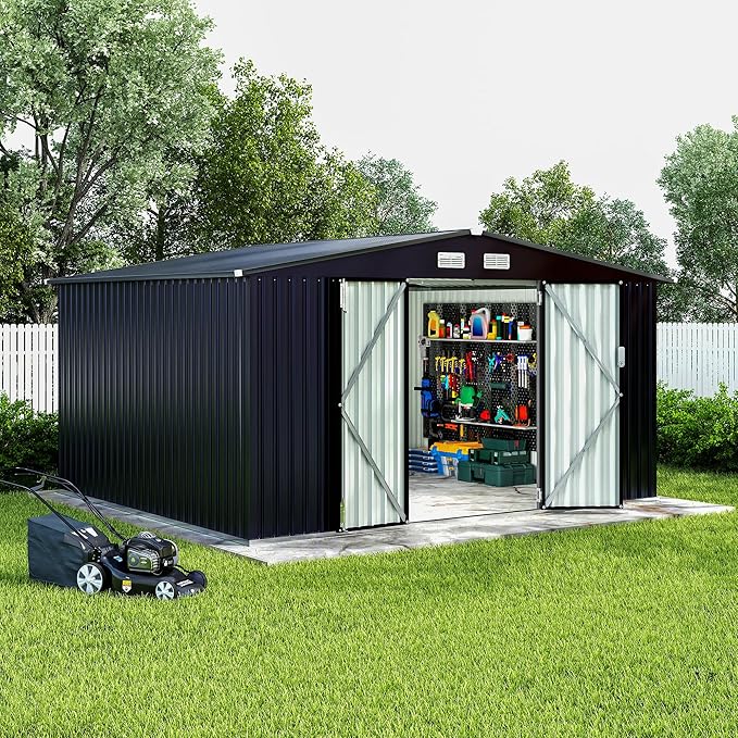 8x10 FT Metal Storage Sheds Outdoor with Floor, Metal Yard Sheds Garden Shed Kit, MetalTool Shed with Lockable Door, Metals UtilitySheds Buildings with Air Vent for Backyard Garden Patio Lawn