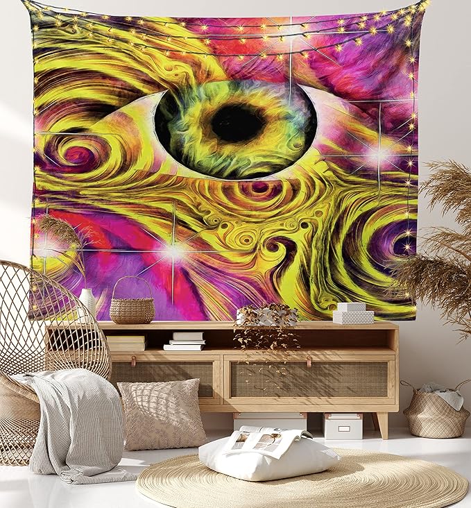 Ambesonne Psychedelic Tapestry, Hippie Hallucinatory Eye in Vivid Colors with Optical Swirl Lines Graphic, Fabric Wall Hanging Decor for Bedroom Living Room Dorm, 45" X 30", Fuchsia Yellow