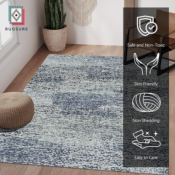 RUGSURE Washable Area Rug - 1/6 Thick - Stain & Water Resistant Non-Slip - Resistant Rug for Living Room, Bedroom, Nursery, Pet & Child Friendly, Vintage Charm Area Rugs (Grey+LightTeal, 4' x 6')