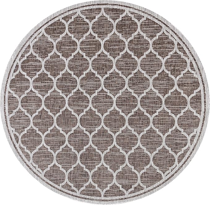 Eyely BMS109B-3R Santa Monica Trebol Moroccan Trellis Textured Weave, Pet Friendly, Non-Shedding, Stain Resistant, Easy-Cleaning, Espresso/Taupe, 3' Round, Indoor/Outdoor, Area Rug