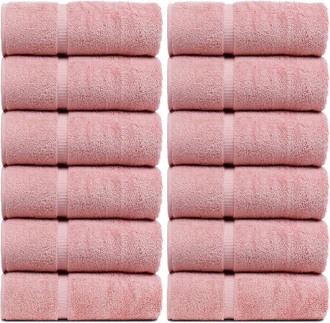 Luxury Hotel & Spa Quality, 100% Turkish Cotton 700 GSM Cloth, Towel, for Body wash, Makeup & Facial Cleaning, Baby, face, loofah, Dobby Border Soft washcloths Towel Set 13" X 13", Pink, Set of 12