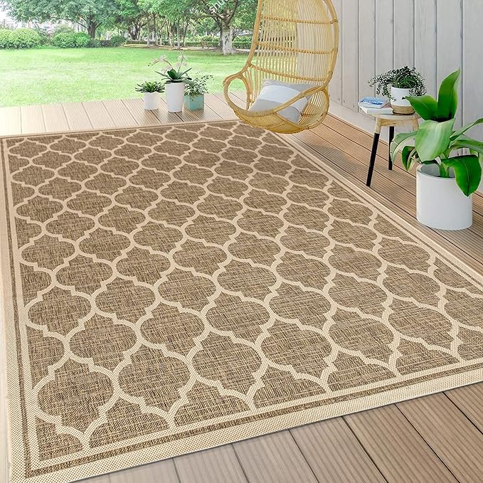 Eyely BMS109A-5 Santa Monica Trebol Moroccan Trellis Textured Weave Indoor/Outdoor Area Rug Coastal;Bohemian, Bedroom, Backyard, Patio, Easy-Cleaning, Non-Shedding, 5 X 8, Brown/Beige