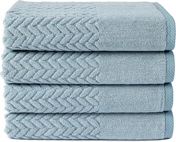 Texere 100% Organic Cotton Jacquard 650 GSM Premium Bath Towel Sets - Extra Absorbent Quick Dry and Plush (Cable, Smoke Blue, 4 Bath Towels)
