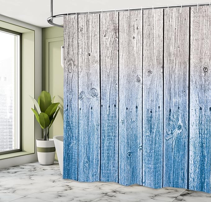 Ambesonne Rustic Shower Curtain, Wood Panels Background Digital Tones Effect Country House Art Image, Cloth Fabric Bathroom Decor Set with Hooks, 69" W x 70" L, Azure Blue