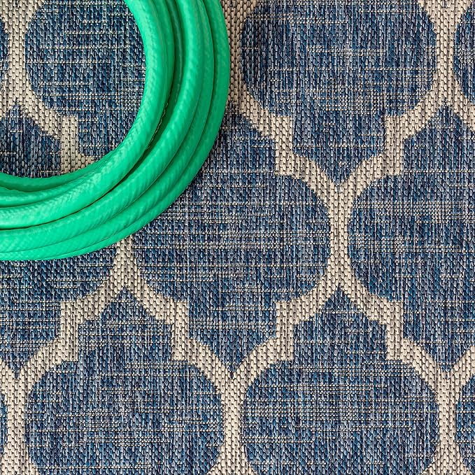 Eyely BMS109D-3R Santa Monica Trebol Moroccan Trellis Textured Weave, Pet Friendly, Non-Shedding, Stain Resistant, Easy-Cleaning, Navy/Gray, 3' Round, Indoor/Outdoor, Area Rug