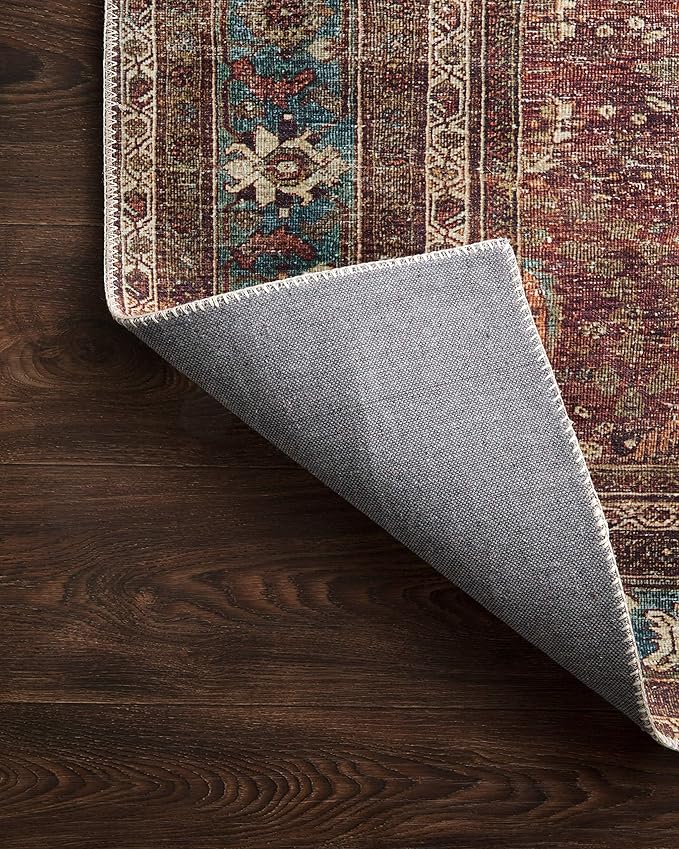 Loloi Layla Collection LAY-01 Brick/Blue 2'-0" x 5'-0" .13" Thick Accent Rug, Soft, Durable, Vintage Inspired, Distressed, Low Pile, Non-Shedding, Easy Clean, Printed, Living Room Rug