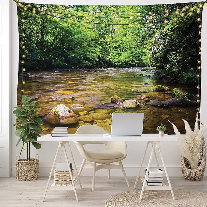 Ambesonne Appalachian Tapestry, Oconaluftee River at Smoky Mountains National Park, Fabric Wall Hanging Decor for Bedroom Living Room Dorm, 28" X 23", Lime Green Charcoal Grey