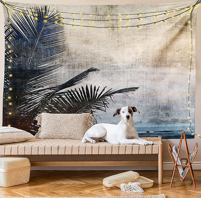 Ambesonne Hawaiian Tapestry Queen Size, Palm Tree Leaves on Grunge Background with Sea Vintage Waterscape Illustration, Wall Hanging Bedspread Bed Cover Wall Decor, 88" X 88", Beige Indigo