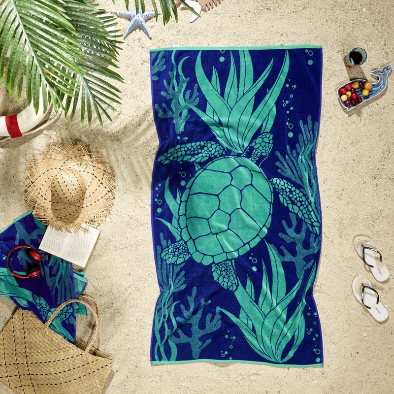 Ozdilek 34x64 Beach Towel - 100% Turkish Cotton, Luxury Soft Velour, Quick Dry, Absorbent, Fade-Resistant, Oversized Pool & Spa Towel, Sea Turtle Design, Eco-Friendly (Sea Turtle Haven)