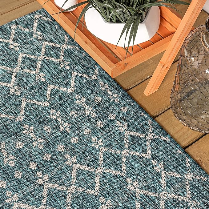 JONATHAN Y SMB108C-6R Ourika Moroccan Geometric Textured Weave Teal/Gray 6' Round Indoor/Outdoor Area Rug, Pet Friendly, Non-Shedding, Stain Resistant, Easy-Cleaning for Backyard, Patio, Porch