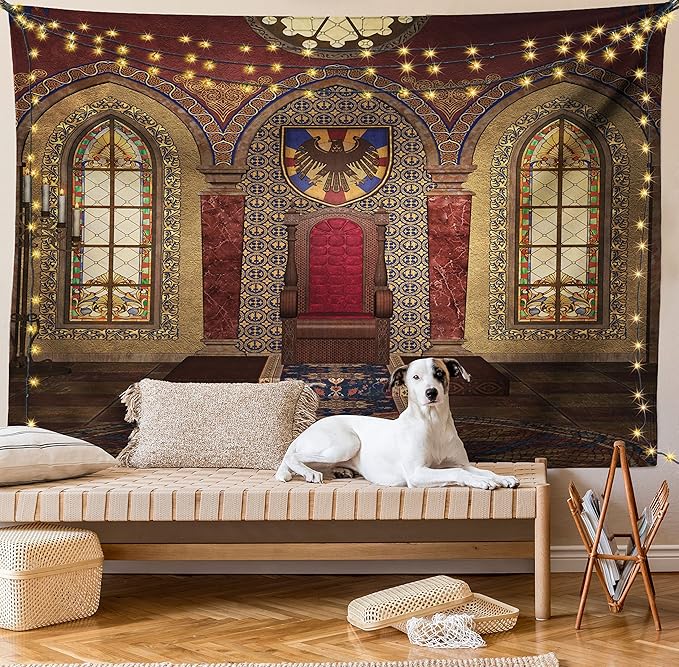 Ambesonne Gothic Tapestry, Red Medieval in Chapel Eagle Portrait on Wall Fantasy Building Print, Fabric Wall Hanging Decor for Bedroom Living Room Dorm, 45" X 30", Brown Ruby