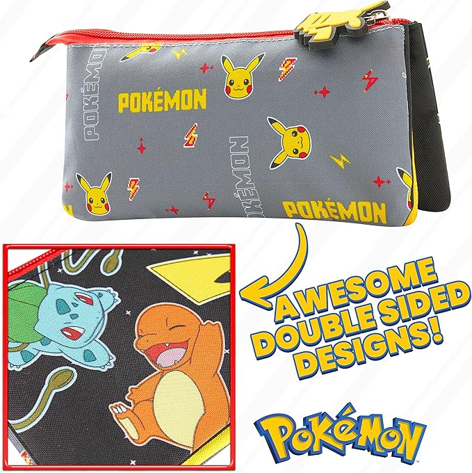 Pokemon Pencil Case for Boys and Girls Stationery Three Compartments Pencil Pouch School Supplies Stationary Pikachu Anime Gifts for Kids