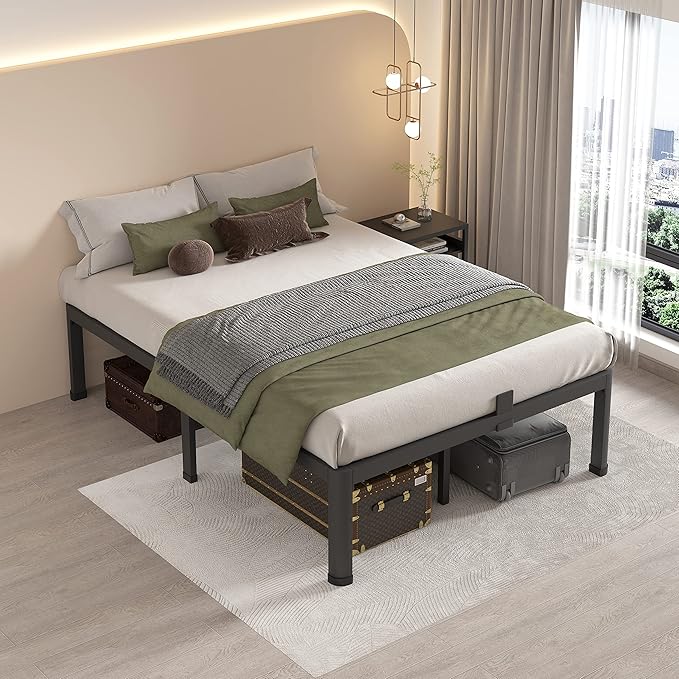 MAF 18 Inch Full Size Bed Frame with Round Corner Legs Mattress Slide Stopper No Box Spring Needed Heavy Duty Metal Platform Bed Frames Under-Bed Storage Space, 3000 LBS Steel Slats Support