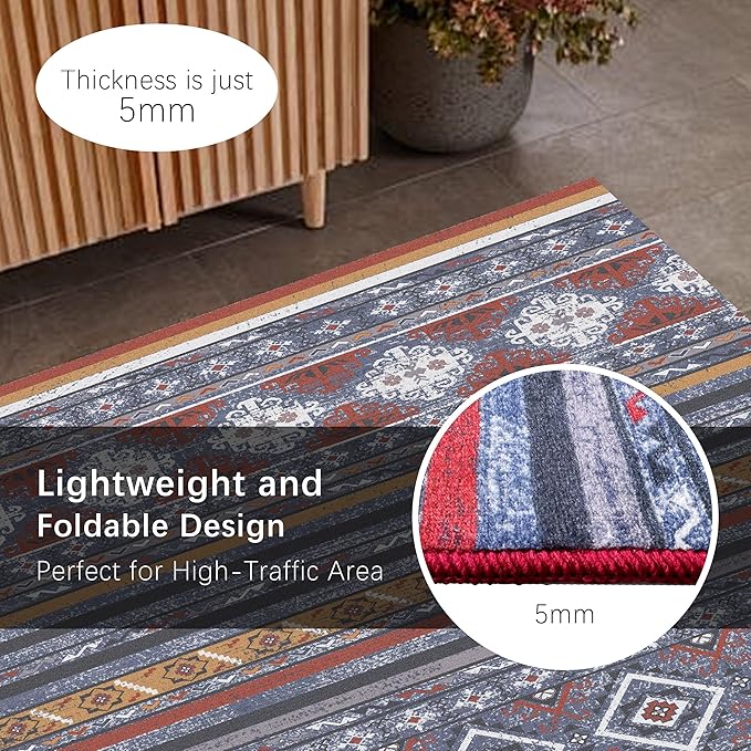 RUGSURE Washable Area Rugs 6' x 9' - 1/6 Thick - Moroccan-Inspired -Stain & Water Resistant Non-Slip - Resistant Rug for Living Room, Bedroom, Nursery, Pet & Child Friendly (Blue and Red)