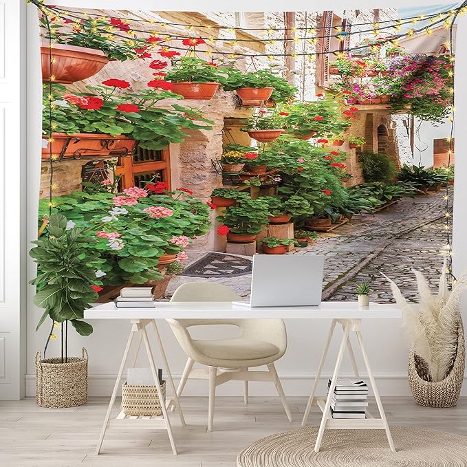 Ambesonne Italian Tapestry King Size, Street View of a Small Renaissance Town with Floral Porches and Rock Mediterranean, Wall Hanging Bedspread Bed Cover Wall Decor, 104" X 88", Pale Brown