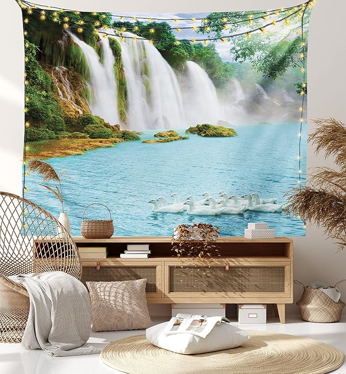 Ambesonne Waterfall Tapestry King Size, Image of a Grand Waterfall with Swans in the Lake Sunny Day Nature Print, Wall Hanging Bedspread Bed Cover Wall Decor, 104" X 88", White Green
