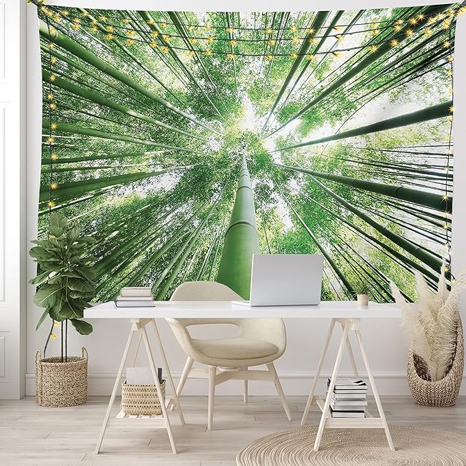 Ambesonne Forest Tapestry King Size, Tropical Rain Forest Tall Trees in Exotic Style Nature Theme Image Sky from Woodland, Wall Hanging Bedspread Bed Cover Wall Decor, 68" X 88", Green