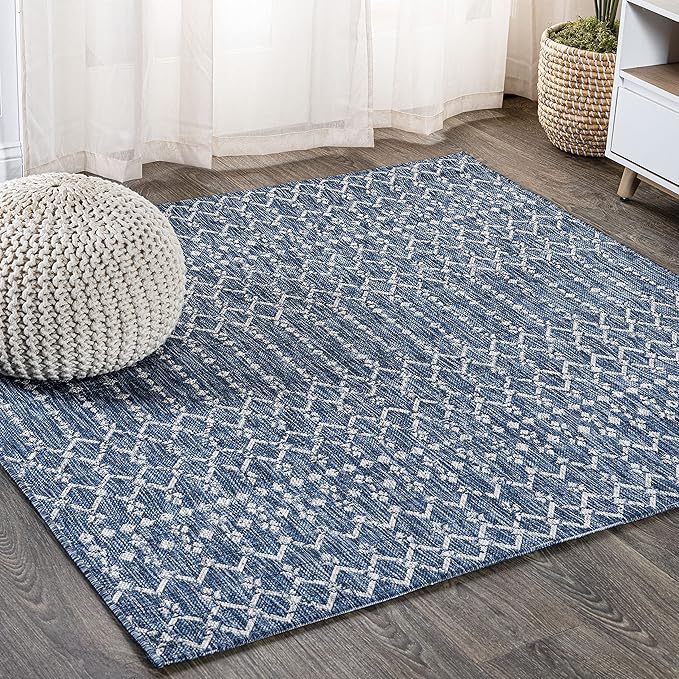 JONATHAN Y SMB108B-6SQ Ourika Moroccan Geometric Textured Weave Indoor/Outdoor Area Rug, Bohemian, Scandinavian for Bedroom, Kitchen, Living Room, Easy-Cleaning, Navy/Light Gray, 6' Square