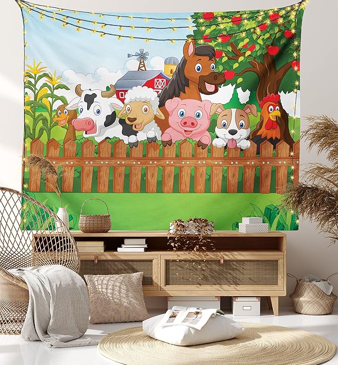 Ambesonne Cartoon Tapestry King Size, Composition Farm Animals on Fence Comic Mascots Dog Cow Horse Design, Wall Hanging Bedspread Bed Cover Wall Decor, 104" X 88", Green Multicolor