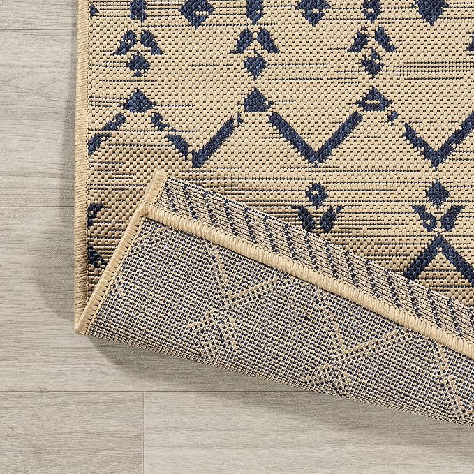 JONATHAN Y SMB108H-210 Ourika Moroccan Geometric Textured Weave Indoor Outdoor Runner Rug, Coastal,Traditional,Transitional Easy Clean,Bedroom,Kitchen,Backyard,Patio, Non-Shed, Beige/Navy, 2 X 10