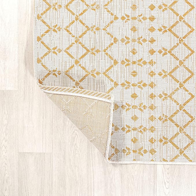 JONATHAN Y SMB108J-5R Ourika Moroccan Geometric Textured Weave Indoor Outdoor Area Rug, Coastal, Bohemian, Modern Easy-Cleaning,Bedroom,Kitchen,Backyard,Patio,Non Shedding, Cream/Yellow, 5' Round