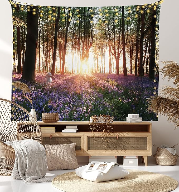 Ambesonne Forest Tapestry King Size, Bluebell Woods Sunrise with White Rabbit Sunny Spring Day in Woodland, Wall Hanging Bedspread Bed Cover Wall Decor, 104" X 88", Purple Green