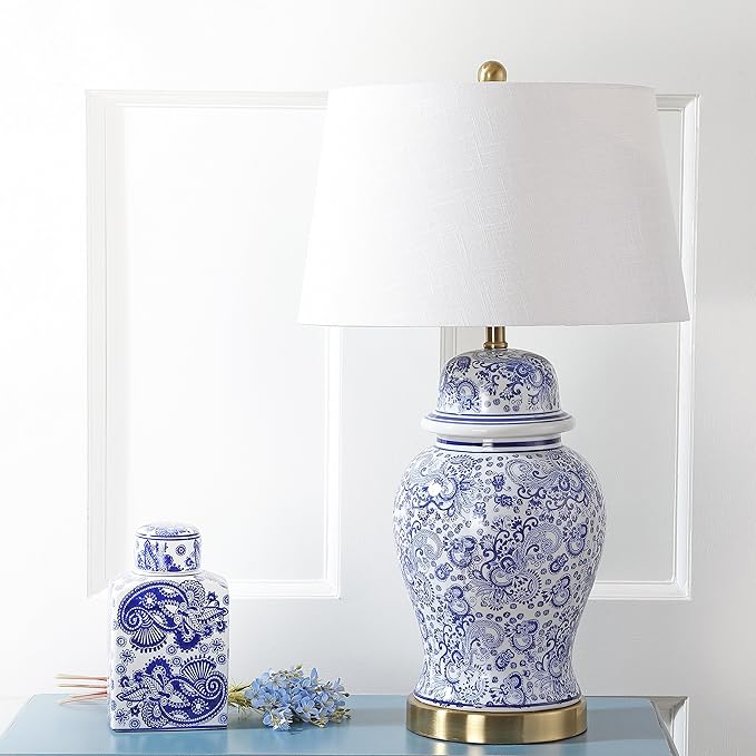 JONATHAN Y 29.5" Blue/White Ceramic Table Lamp for Living Room and Office, White Linen Drum Shade, Traditional Chinoiserie Ginger Jar Lamp, LED Bulb Included JYL3008A