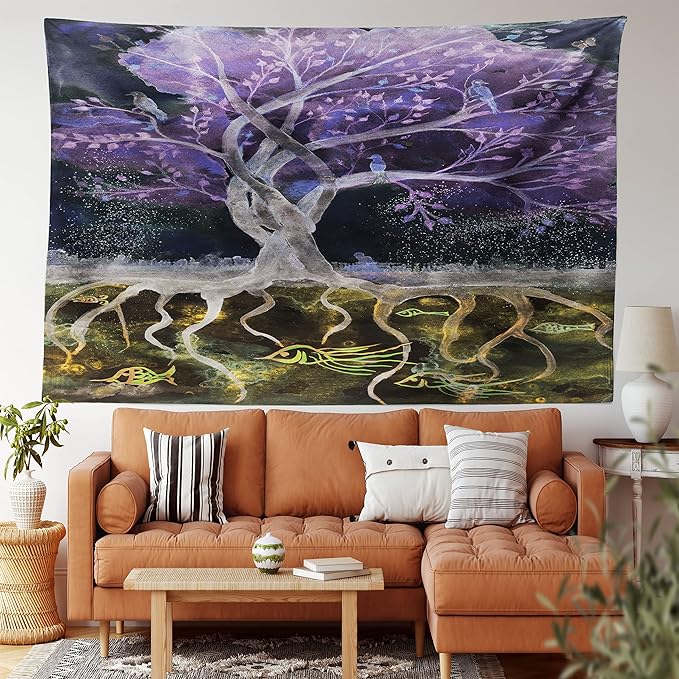 Ambesonne Tree of Life Tapestry King Size, Psychedelic Mysterious Nature at Night Birds and Fishes Home Art, Wall Hanging Bedspread Bed Cover Wall Decor, 104" X 88", Purple Black