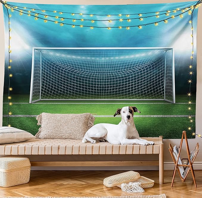 Ambesonne Soccer Tapestry, Soccer Goal Post Sports Area Winner Loser Line Floodlit Best Team Finals Game Theme, Fabric Wall Hanging Decor for Bedroom Living Room Dorm, 30" X 45", Green and Blue
