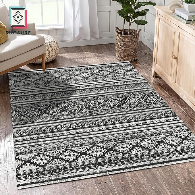 RUGSURE Washable Area Rugs 3' x 5 ' - 1/6 Thick - Moroccan-Inspired -Stain & Water Resistant Non-Slip - Resistant Rug for Living Room, Bedroom, Nursery, Pet & Child Friendly (Black)