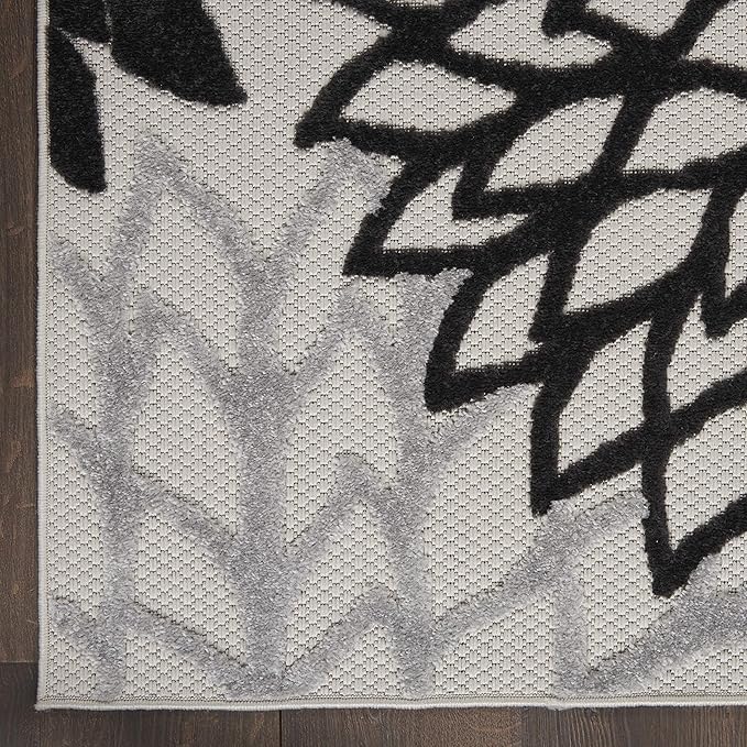 Nourison Aloha Indoor/Outdoor Black White 2'8" x 4' Area Rug, Tropical, Botanical, Easy Cleaning, Non Shedding, Bed Room, Living Room, Dining Room, Deck, Backyard, Patio (3x4)