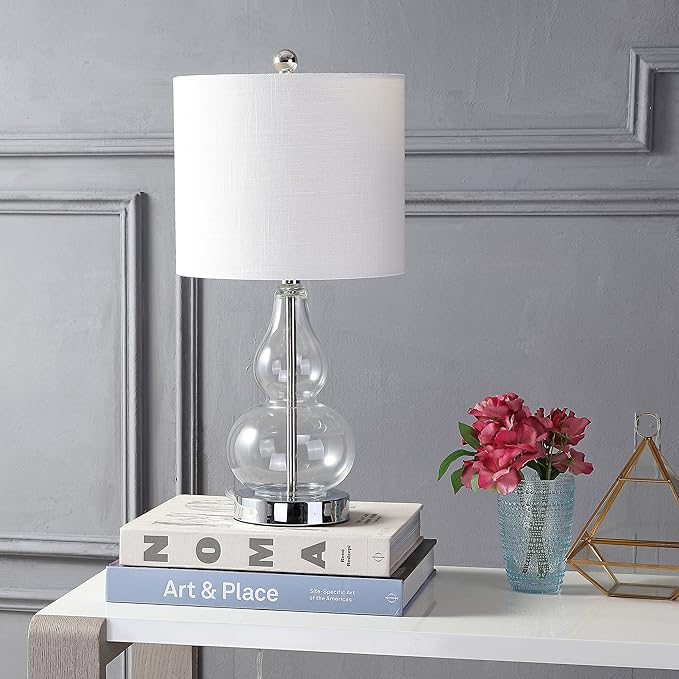 JONATHAN Y 20.5" Clear Glass Table Lamp, Modern Gourd Bedside Nightstand Lamp for Bedroom, Living Room, White Linen Shade, LED Bulb Included (JYL1028E)