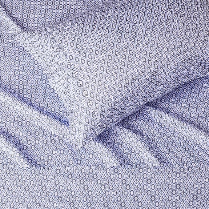 Amazon Basics Lightweight Super Soft Easy Care Wrinkle Free Microfiber 3 Piece Bed Sheet Set with 14-Inch Deep Pockets, Twin, Blue Damask, Printed, Kids, Men & Women Bedding