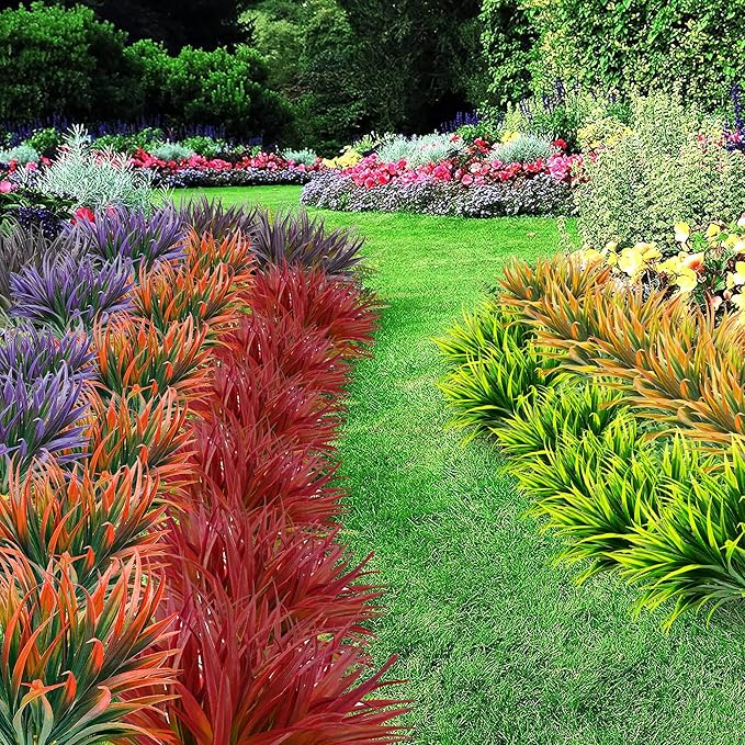 16pcs Artificial Plants Outdoor Flowers UV Resistant Fake Tall Grass Plants Faux Tropical Shrubs Plastic Greenery Bushes Front Porch Patio Garden Outside Decoration (Purple)