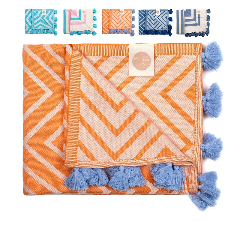 Nova Blue (37 x 69) - Orange Zigzag Beach Towel, 100% Turkish Cotton - Sand Resistant Beach Towels with Unique Designs - Quick Dry Turkish Bath Towels