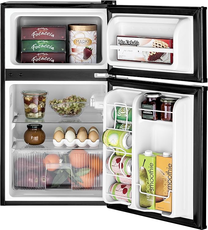GE Double-Door Mini Fridge, Freestanding Compact Refrigerator with Freezer, 3.1 Cu Ft, Black, GDE03GGKBB