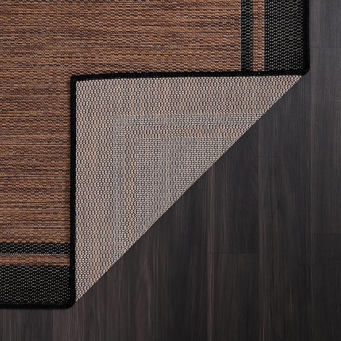 CAMILSON Indoor Outdoor Rug, 10x14 Bordered Nut Brown Black Modern Area Rugs for Indoor and Outdoor Patios, Kitchen and Hallway Mats, Washable Porch Deck Outside Carpet (Border Nut Brown Black 10 x14)