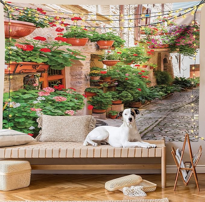Ambesonne Italian Tapestry Twin Size, Street View of a Small Renaissance Town with Floral Porches and Rock Mediterranean, Wall Hanging Bedspread Bed Cover Wall Decor, 68" X 88", Pale Brown