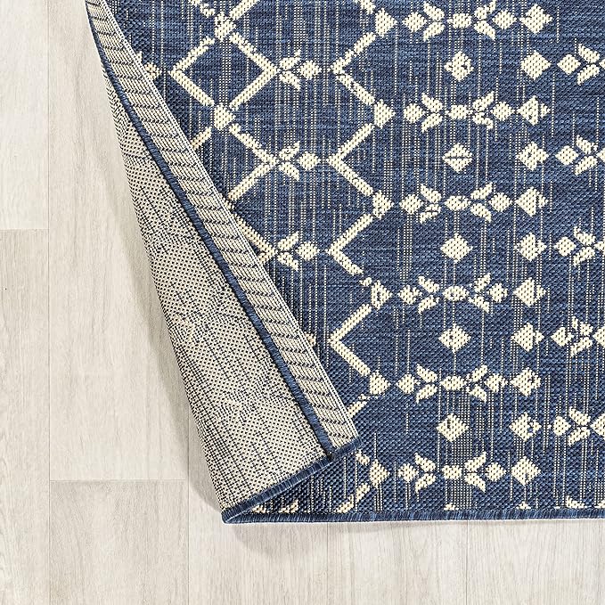 JONATHAN Y SMB108K-8SQ Ourika Moroccan Geometric Textured Weave Navy/Beige 8' Square Indoor/Outdoor Area Rug, Pet Friendly, Non-Shedding, Stain Resistant, Easy-Cleaning for Backyard, Patio, Porch