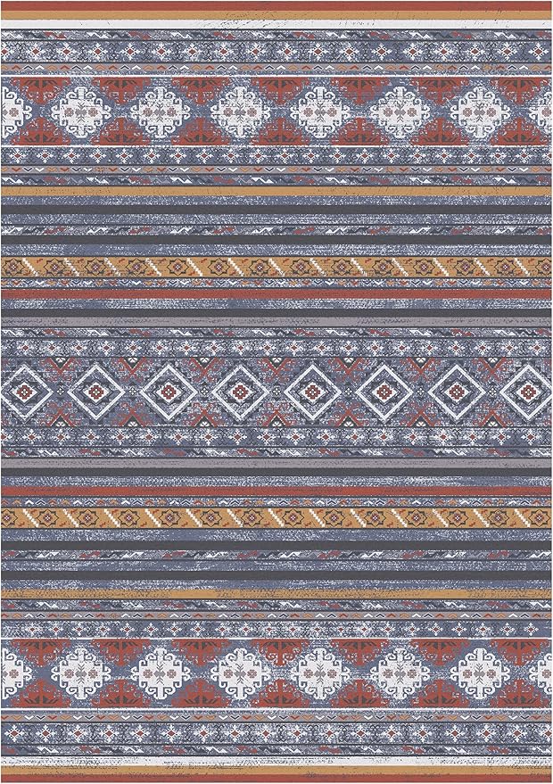 RUGSURE Washable Area Rugs 6' x 9' - 1/6 Thick - Moroccan-Inspired -Stain & Water Resistant Non-Slip - Resistant Rug for Living Room, Bedroom, Nursery, Pet & Child Friendly (Blue and Red)