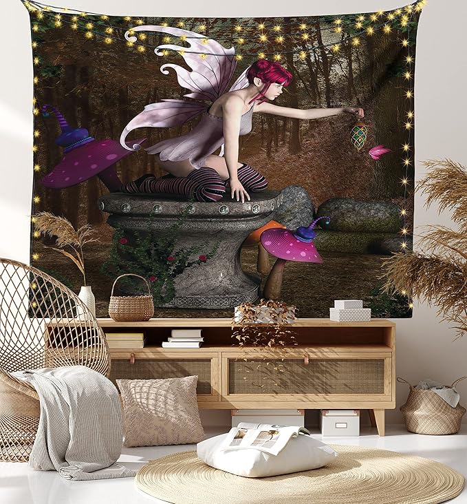 Ambesonne Tale Tapestry King Size, Dimensional Mythical Creature Design Artifact on Pedestal Forest Print, Wall Hanging Bedspread Bed Cover Wall Decor, 104" X 88", Red Purple Grey
