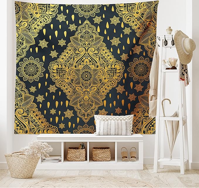 Ambesonne Mandala Tapestry, Bohemian Paisley Ornament Tattoo Vintage Design Print, Fabric Wall Hanging Decor for Bedroom Living Room Dorm, 23" X 28", Charcoal Grey