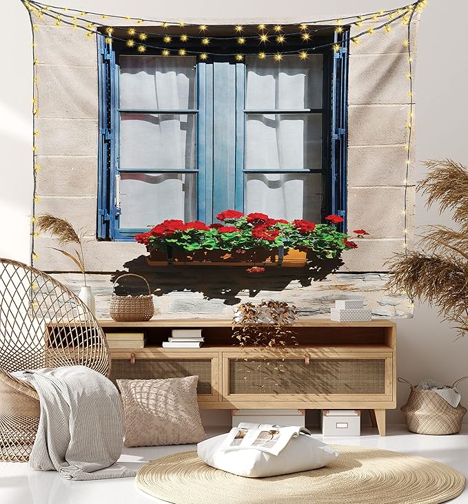 Ambesonne Country Tapestry Queen Size, Mediterranean Style Window Open Shutters Image French Urban Life Theme Print, Wall Hanging Bedspread Bed Cover Wall Decor, Queen Size, Blue Grey