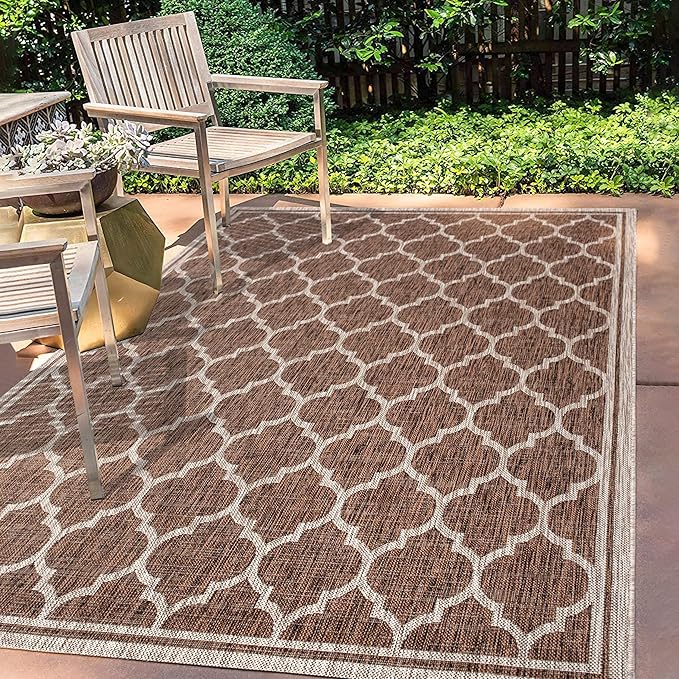 Eyely BMS109B-9 Santa Monica Trebol Moroccan Trellis Textured Weave Indoor/Outdoor Area Rug Coastal;Bohemian, Bedroom, Backyard, Patio, Easy-Cleaning, Non-Shedding, 9 X 12, Espresso/Taupe