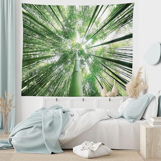 Ambesonne Forest Tapestry King Size, Tropical Rain Forest Tall Trees in Exotic Style Nature Theme Image Sky from Woodland, Wall Hanging Bedspread Bed Cover Wall Decor, 88" X 88", Green